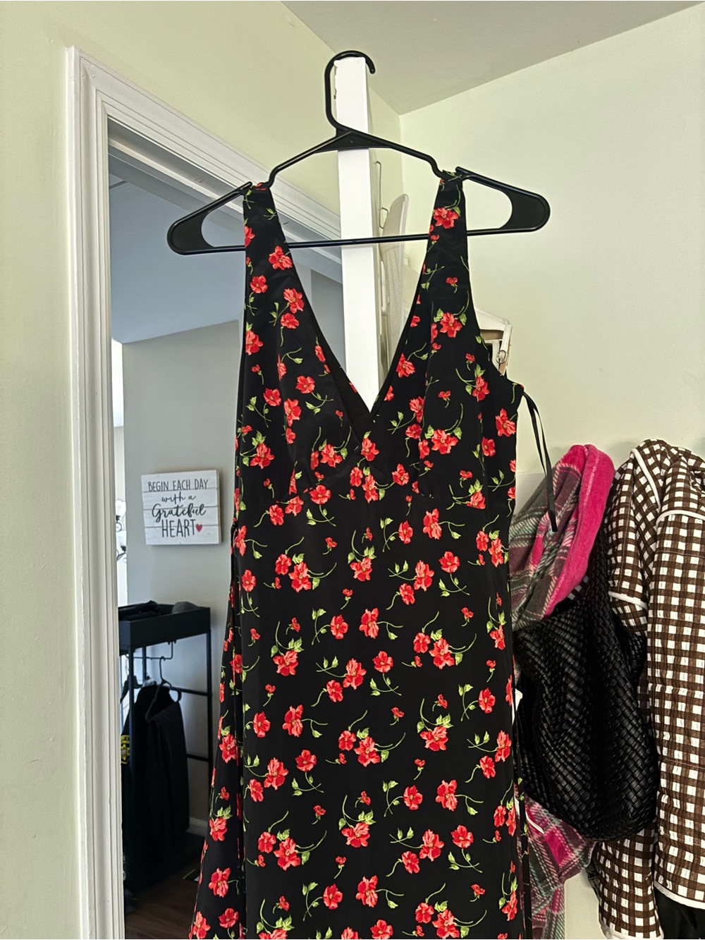 White Fox Boutique Black Dress with Red Floral Print